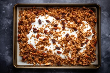 baking sheet with granola mix spread evenly