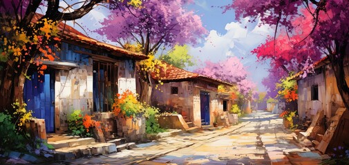 Naklejka premium painting style illustration of toscan village covered with bougainvillea blossoming in summer time, happy joyful summer vibe, Generative Ai