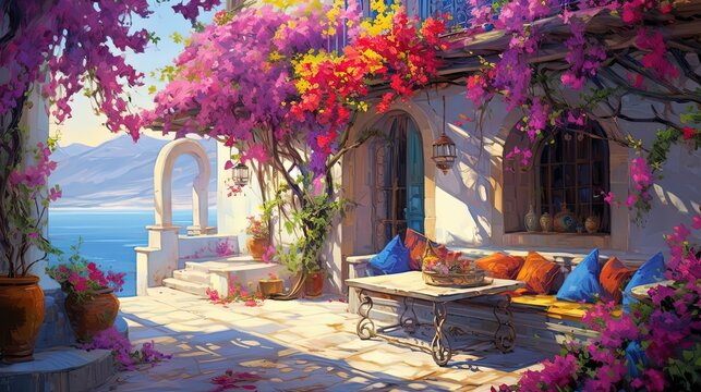 painting style illustratio, vivid pink purple flower blossomimg bougainvillea climbing plant tree covered on small house wall and roof, happy relax vibe wallpaper, Generative Ai