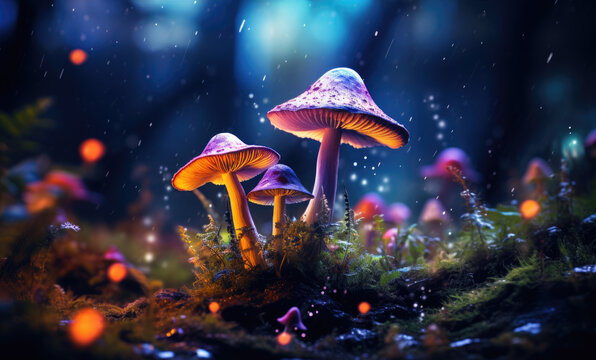 Glowing Hallucinogenic Mushrooms In A Magical Forest