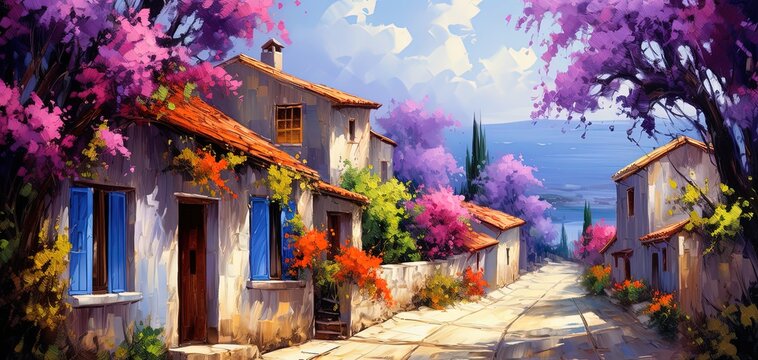 painting style illustration of toscan village covered with bougainvillea blossoming in summer time, happy joyful summer vibe, Generative Ai