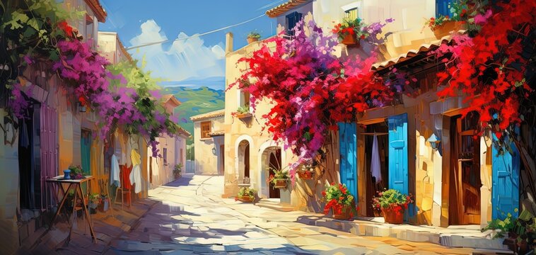 painting style illustration of toscan village covered with bougainvillea blossoming in summer time, happy joyful summer vibe, Generative Ai