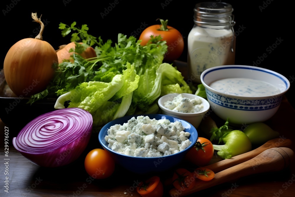 Canvas Prints Blue cheese dressing paired with various salad ingredients, illustrating healthy eating habits and flavorful food choices