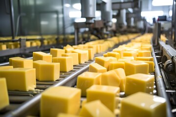 Cheddar cheese production happening efficiently in a modern factory, capturing the industrial side of food processing
