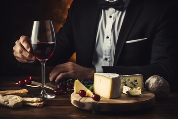 A sommelier expertly pairing wine and cheese, suggesting the allure of a gourmet lifestyle and the art of pairing - obrazy, fototapety, plakaty