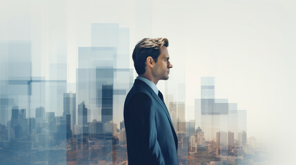 Fototapeta premium Double exposure of a business man in a suit in front of a city building background