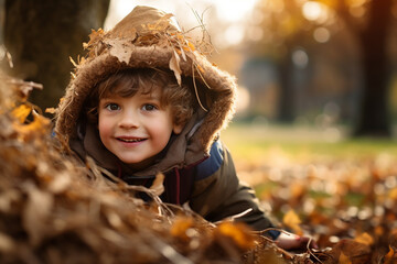 Photograph of a close-up of a kid playing in autumn leaves in a park, beautiful bokeh