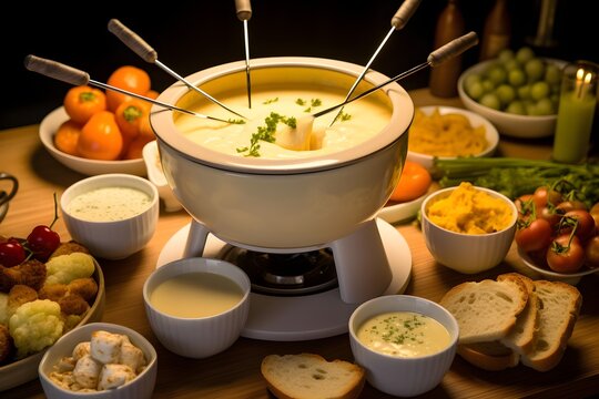 Cheese fondue set in a social setting with friends dipping, showcasing the joy of social food occasions and shared meals