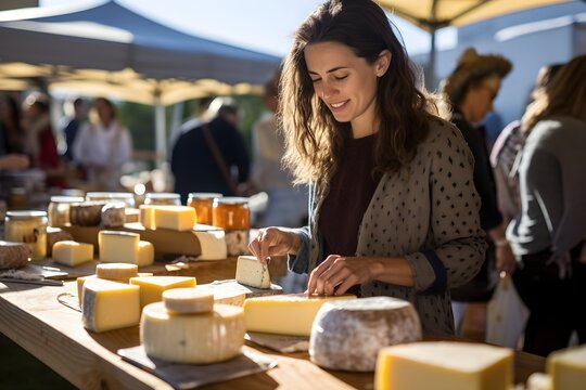 Woman enjoying the taste of cheese at a local farmers market, demonstrating the appeal of fresh produce and community events