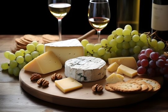 Classic French cheese board beautifully arranged with grapes and wine, the epitome of refined gastronomy and convivial moments
