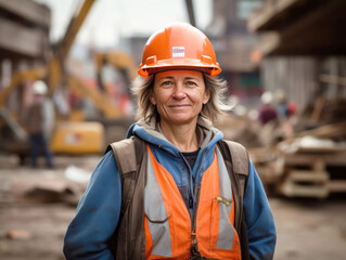 woman working on a construction site, construction hard hat and work vest, smirking, middle aged or older