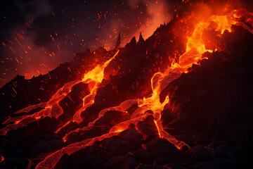 Fiery lava flows cascading down a volcano's slopes, a raw display of nature's power.