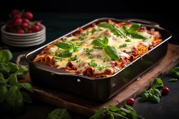 Obraz na płótnie Canvas oven-ready lasagna dish with melted cheese on top