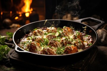 homemade meatballs cooking in a skillet - obrazy, fototapety, plakaty
