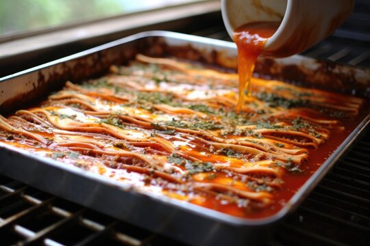 spreading tomato sauce on lasagna layers