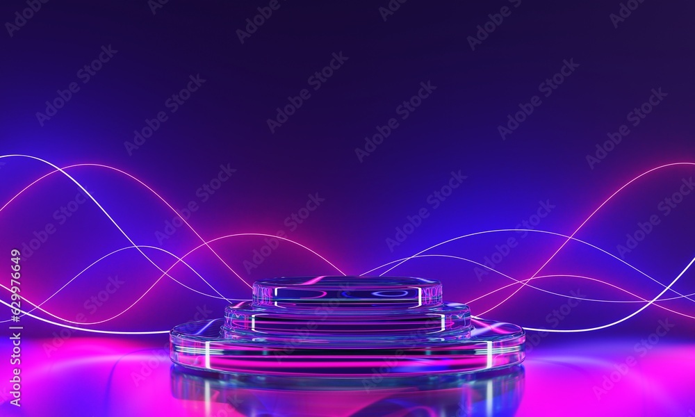 Aufkleber glass podium display with neon glow wave lines on dark background 3d render. futuristic stage, empty