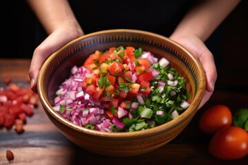 mixing pico de gallo in a colorful bowl - obrazy, fototapety, plakaty