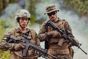 Modern Warfare Soldiers Squad Running in Tactical Battle Formation Woman as a Team Leader