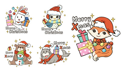 Cute design element cartoon, cartoon illustration of christmas theme character elements and Merry Xmas font , Cartoon illustration for children, Vector image.