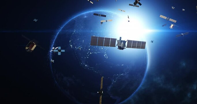 Advancing Telecommunication and High-Speed Internet. Satellites Flying Around Earth. Industry And Technology Related 3D Animation.