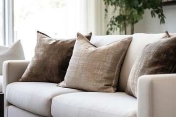 soft, neutral-toned throw pillows on a sleek sofa