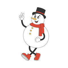 Groovy hippie snowman. Cartoon character in trendy retro style for Christmas design