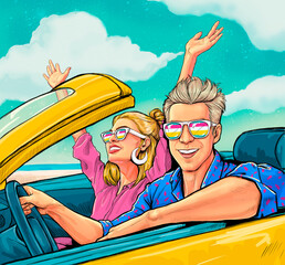 Smiling couple in love ride in cabriolet car. Road trip summer vocation fun young couple are driving  on holiday. Woman with arms up happy, man driver having fun. - 629977075