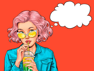 Thinking beautiful  woman in glasses drinking  juice using paper straw against red background in comic style. Advertising poster with sexy dreaming girl with amazed face  - 629977077