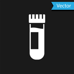 White Test tube or flask with blood icon isolated on black background. Laboratory, chemical, scientific glassware sign. Vector Illustration