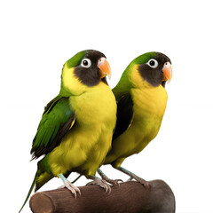 Fototapeta na wymiar Yellow collared lovebirds on a branch isolated on white background cutout