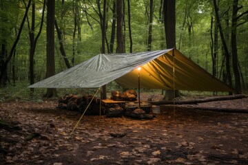 waterproof tarp shelter set up in a wooded area - obrazy, fototapety, plakaty