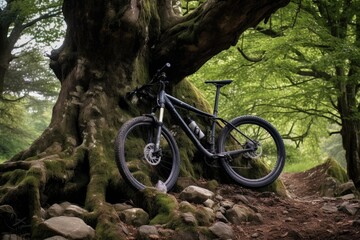 Naklejka na ściany i meble mountain bike leaning on a tree, ready for adventure