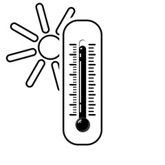 Hot thermometer with a sun in black and white style. Temperature weather thermometers meteorology, temp control thermostat device flat vector icon. Medical thermometers