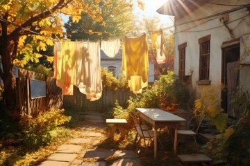 sunlit backyard with clothesline full of drying clothing