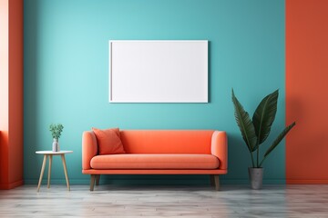 mockup poster frame on the wall above the sofa in a vivid modern minimalist interior