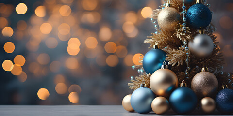 Decorated Christmas tree, Golgen  silver and blue baubles, close-up of a Christmas tree with rose gold and turquoise decorations (balls, snowflakes, bows, beads) on a blurry background with snow. 
