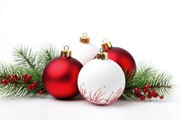 Red and white Christmas ornaments and branches isolated on a white background.