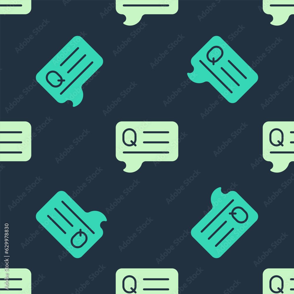 Poster green and beige speech bubbles with question icon isolated seamless pattern on blue background. faq 