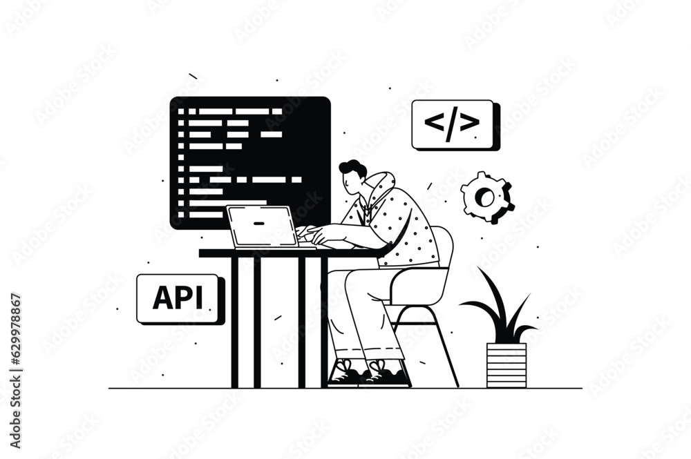Aufkleber Programming concept with people scene in the flat line cartoon design. A programmer writes code for various programs. Vector illustration.