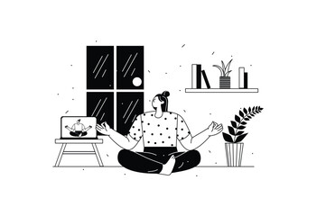 Yoga concept with people scene in the flat line cartoon style. The girl does yoga to relax at home. Vector illustration.