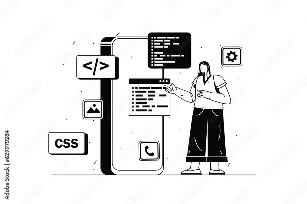 Poster app development concept with people scene in the flat line cartoon style. a developer is testing a n