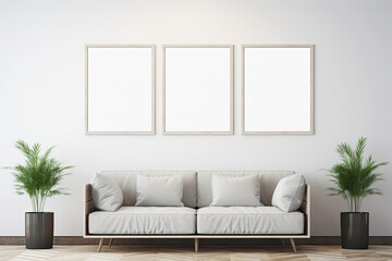 Living room with mock-up frames for paintings, Three frames on wall with sofa.