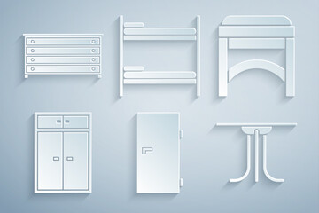 Set Closed door, Chair, Wardrobe, Round table, Bunk bed and Chest of drawers icon. Vector