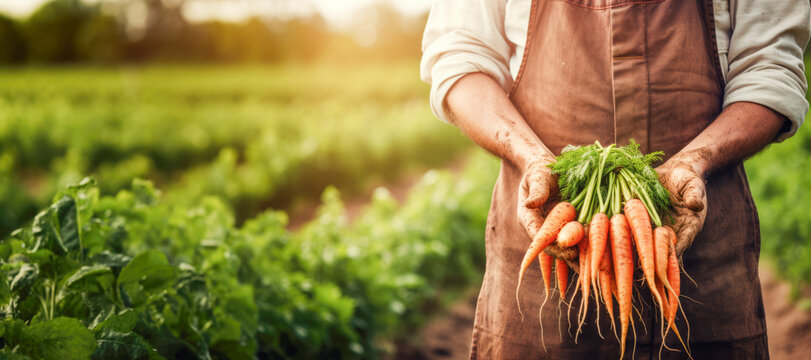 Farmer holding freshly harvested organic carrots at vegetable garden. Agriculture and food concept.