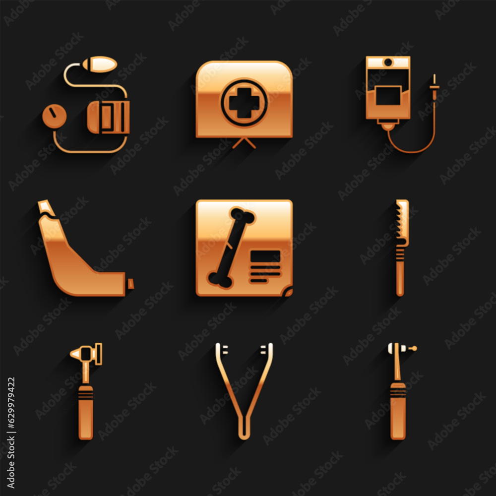 Sticker Set X-ray shots, Medical tweezers, Tooth drill, saw, otoscope tool, Inhaler, IV bag and Blood pressure icon. Vector