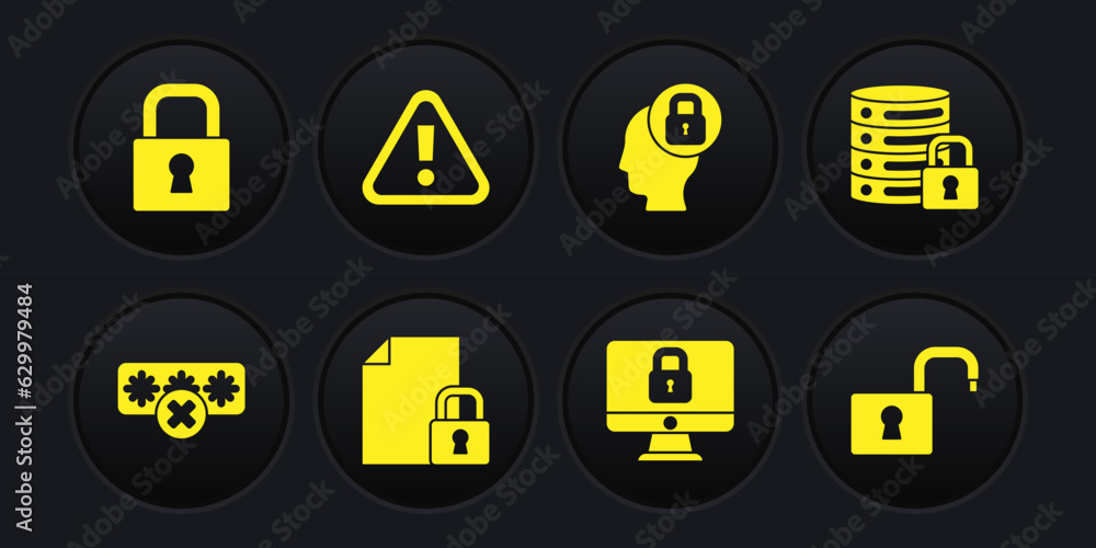 Poster set password protection, server security with lock, document and, lock computer monitor, human head,
