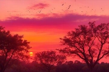 Obraz na płótnie Canvas A peaceful sunrise, the sky a brilliant mix of oranges and pinks, the birds singing in the trees.Created with generative AI