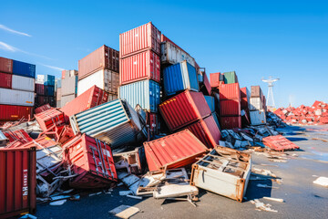 A port devastated by the aftermath of a powerful storm, with damaged containers and the aftermath of the disaster
