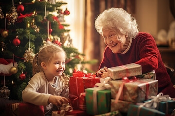 Obraz na płótnie Canvas Smiling happy grandmother and her granddaughter with christmas gifts. Generative AI
