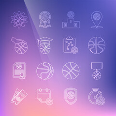 Naklejka premium Set line Stopwatch with basketball ball, Basketball medal, Sports winner podium, training, Hand, Planning strategy concept and icon. Vector